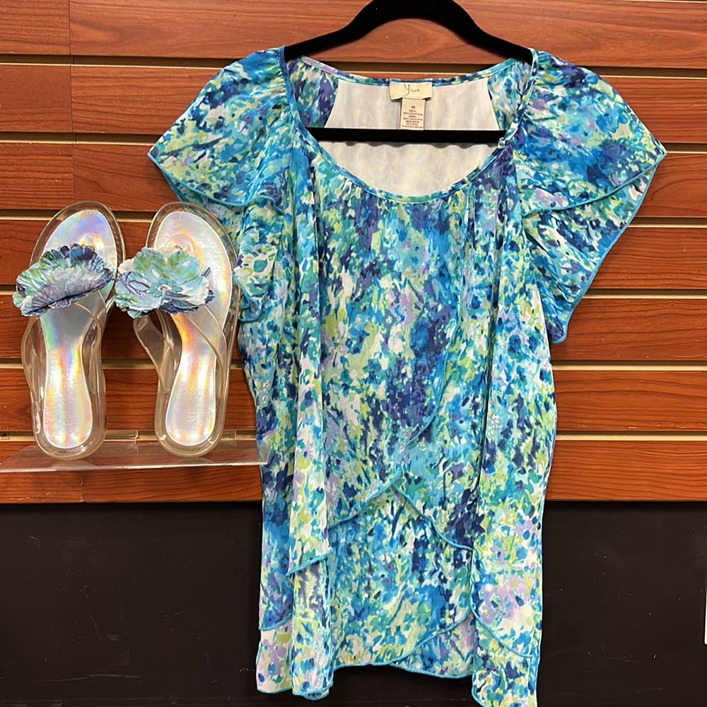 Flutter Blouse, Blue Watercolor Flowers + SANDALS *SET*